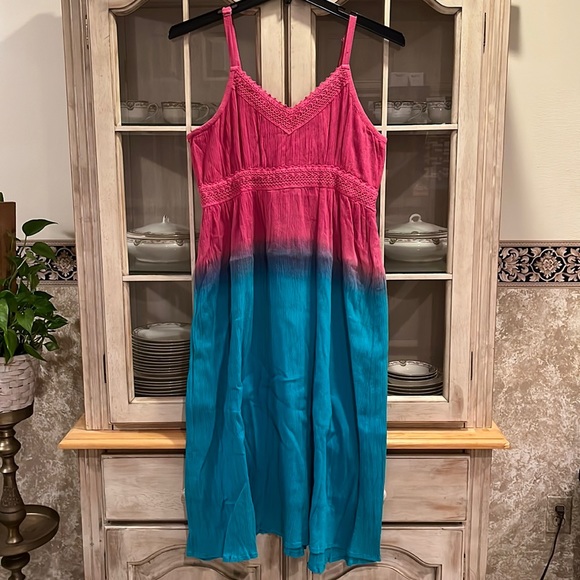 Pink & Turquoise Cotton Midi Dress Size L/XL - Picture 1 of 5